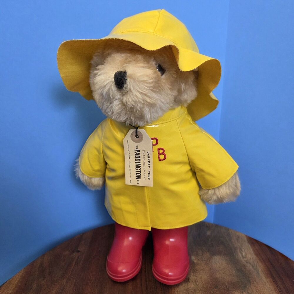 VTG Paddington Bear Yellow Raincoat Hat Red Boots Plush Stuffed with Tag